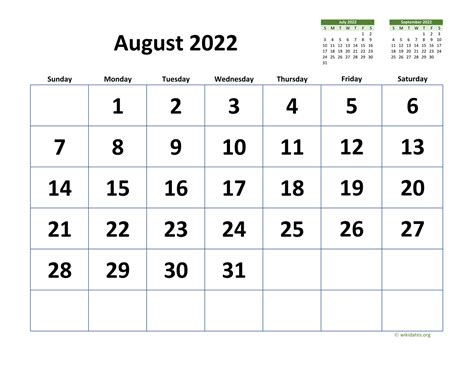 August 2022 Calendar With Extra Large Dates WikiDates Org