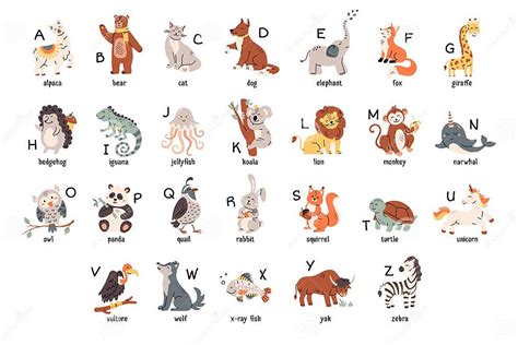 Colorful Zoo Alphabet With Cute Animals Set Cartoon Letters From A To