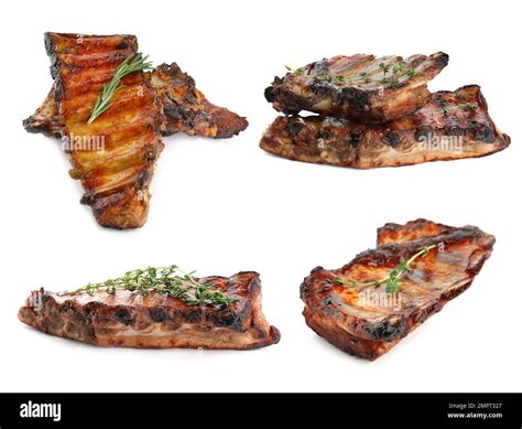 Set Of Delicious Roasted Ribs On White Background Stock Photo Alamy