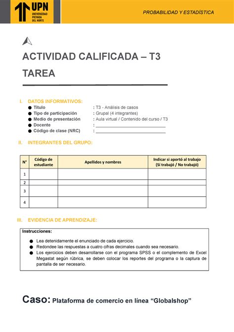 Stat T Ej Ejercicio Del Examen Actividad Calificada T Tarea