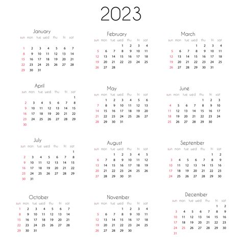 2023 Calendar Year Template Vector Illustration Of Annual Calendar 2023 12 Month Grid Week