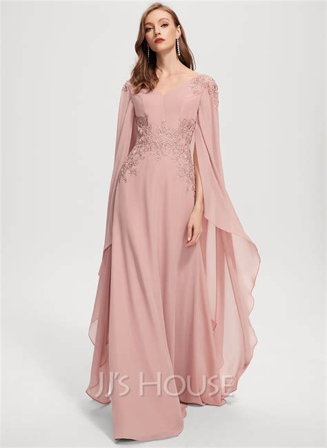 A Line V Neck Floor Length Chiffon Lace Evening Dress With Beading 017264231 Jjs House