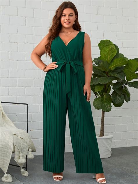 Shein Clasi Plus Surplice Neck Pleated Wide Leg Belted Jumpsuit Shein Usa