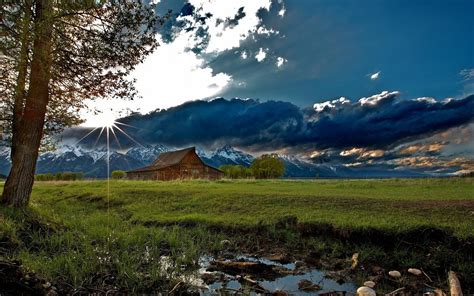 Nature Landscapes Rustic Mountains Sky Clouds Sunrise Sunset Trees Barn Farm High Quality HD ...