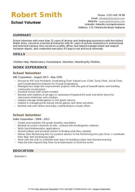 School Volunteer Resume Samples QwikResume