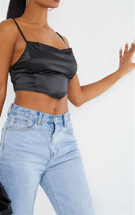 Black Satin Cowl Neck Crop Top Tops Prettylittlething Aus