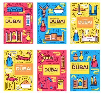 Dubai Travel Brochure Set With Modern Illustrations Oil Retro Tourism