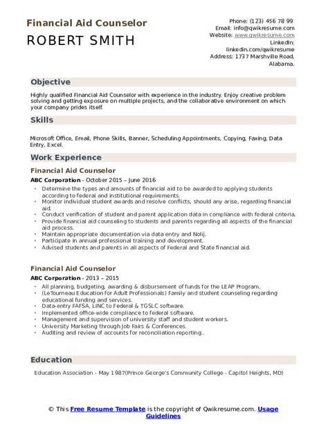 Financial Aid Counselor Resume Samples Qwikresume