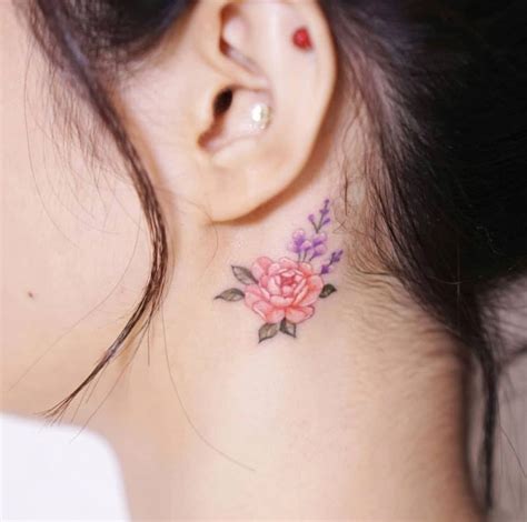 Small Behind The Ear Watercolor Flowers Tattoo Flower