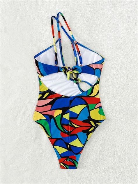 Patchwork Print Cut Out One Shoulder One Piece Swimsuit Shein Usa