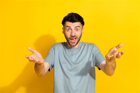 Portrait Photo Of Excited Angry Speechless Bristle Brunet Handsome Guy