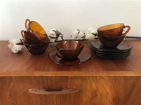 LOT DE 5 Tasses et Soucoupes Vereco en Verre Ambré des Années 70 EUR 18