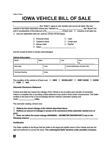 Free Printable Bill Of Sale For Car Iowa