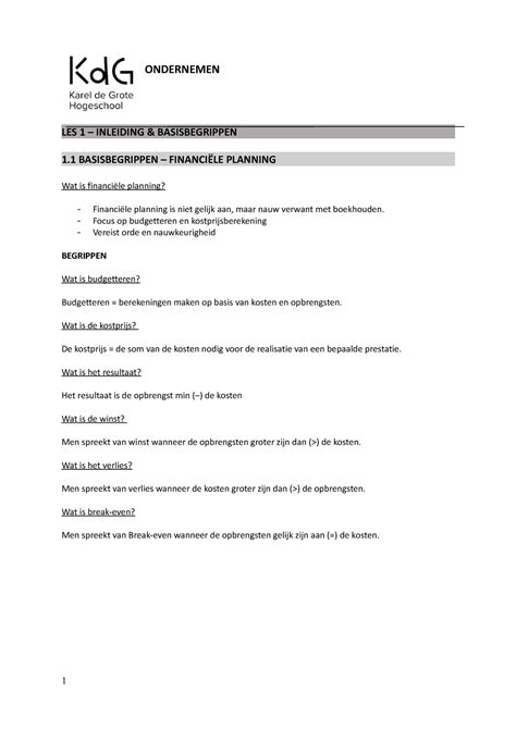 1 Syllabus ONDERNEMEN LES 1 INLEIDING BASISBEGRIPPEN 1