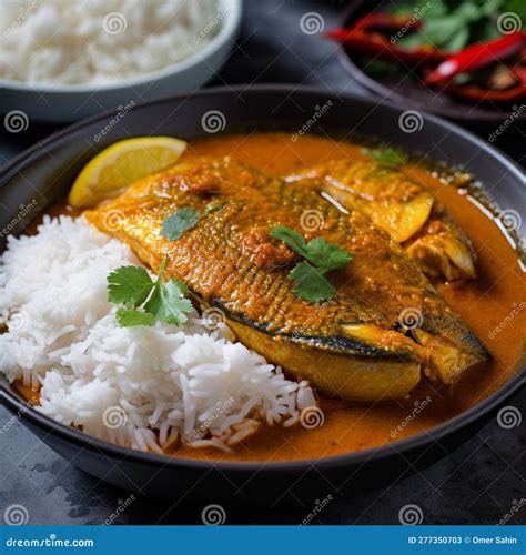 Spicy Bangladeshi Hilsa Curry With Rice And Salad Stock Illustration