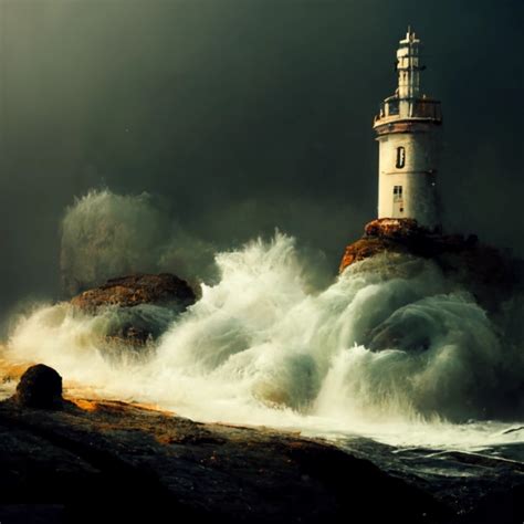 Arcane Lighthouse Rocky Island Waves Crashing Sea Midjourney OpenArt