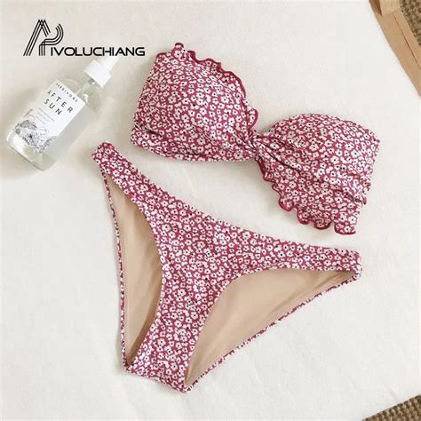 Pink Floral High Waist Two Pieces Patchwork Biquini Bikini Push Up Maio