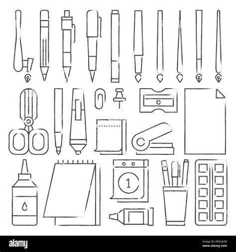 Grunge Line Stationery Icons Set Vector Illustration Of Pen And Pencil