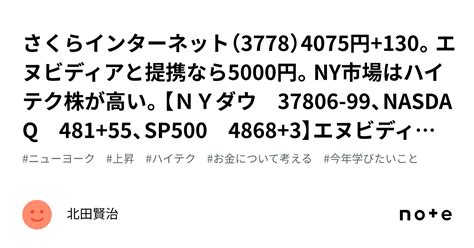 🌸さくらインターネット（3778）4075円130。エヌビディアと提携なら5000円。ny市場はハイテク株が高い。【nyダウ 37806