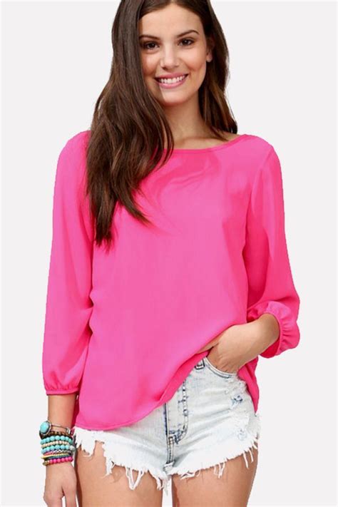 Hot Pink Bow Decor Puff Sleeve Casual Blouse Hot Pink Shirt Pink