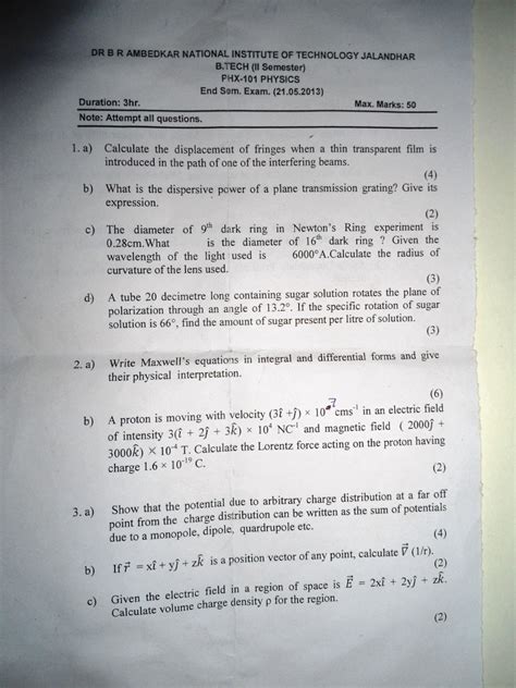 Last Year Question Papers Semester 1 Engineering Physics Class 11