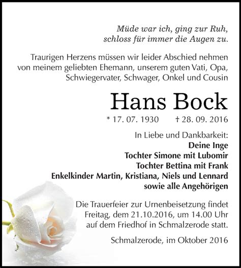 Traueranzeigen Von Hans Bock Abschied Nehmen De