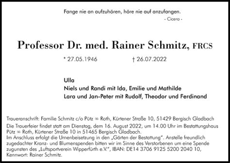 Traueranzeigen Von Rainer Schmitz WirTrauern