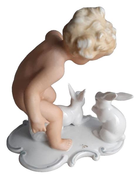 Vintage Schaubach Kunst Putti Nude Boy Feeding Rabbits Figurine Germany