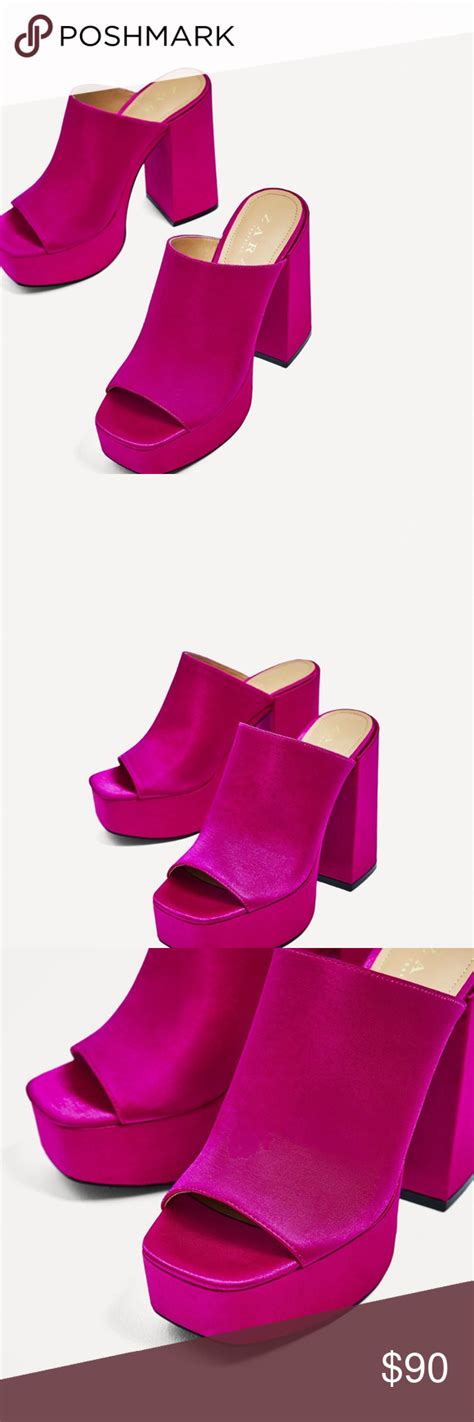 Nwt Zara Fuchsia Pink Satin Platform Heels Mules Platform Heels