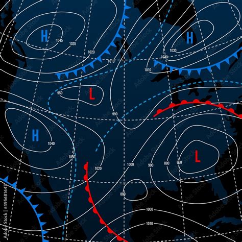 Forecast weather isobar on american night map, meteorology wind fronts ...