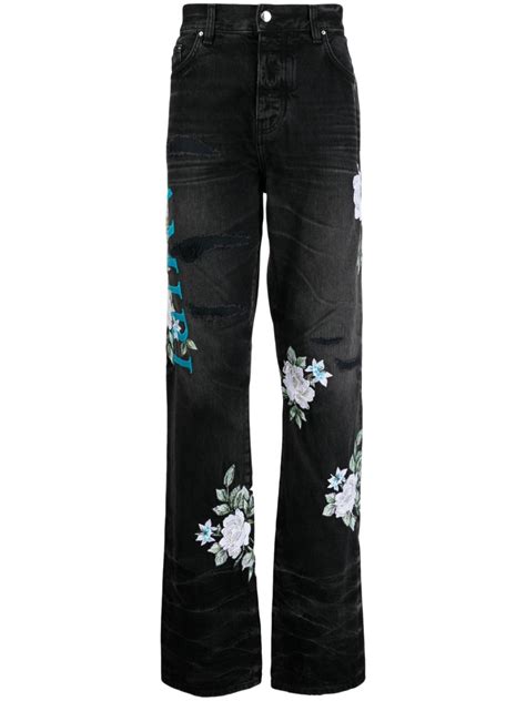 Amiri Floral Print Straight Leg Jeans In Black ModeSens