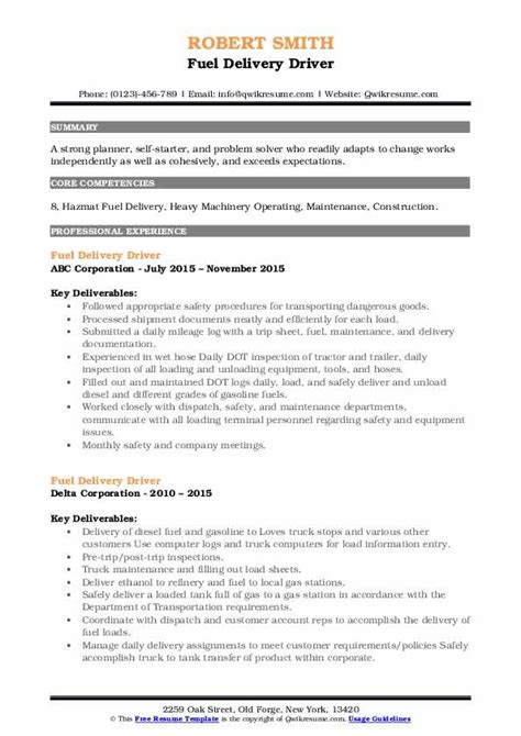 Fuel Delivery Driver Resume Samples Qwikresume