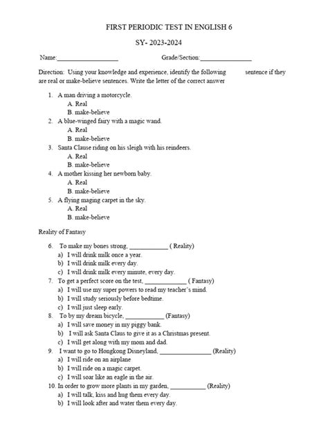 1st Periodic Test Eng Grade 6 2023 24 Pdf Santa Claus