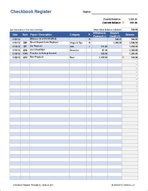 Checkbook Registers Free Excel