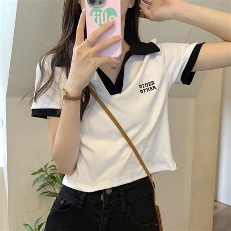 Jual YURUMA Crop Top Kaos Lengan Pendek Wanita Gaya Korea Baru Polo