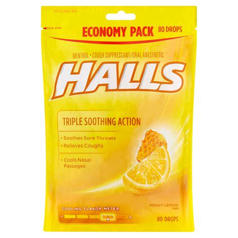 Halls Triple Soothing Action Cough Drops Honey Lemon 80 Ct