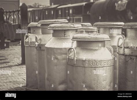 Black And White Vintage Milk Churns On Platform Severn Valley Railway