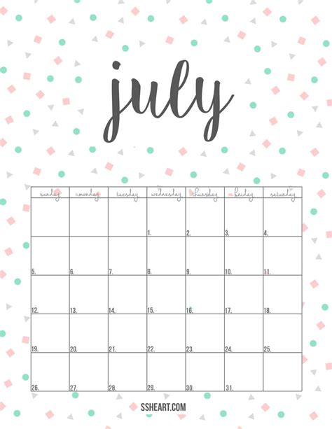 Printable July Calendar — Ssheart July Calendar Calendar Template