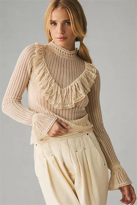 By Anthropologie Sheer Ruffle Sweater Anthropologie