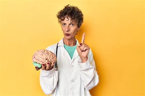 Doctor Sosteniendo Un Modelo De Cerebro En Un Estudio Amarillo Que