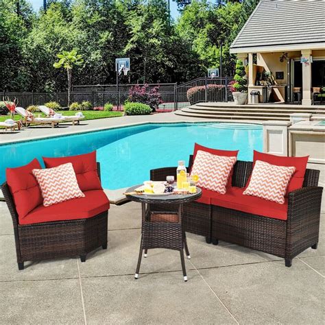 Wellfor Patio Conversation Set 4 Piece Rattan Patio Conversation Set With Red Cushions At