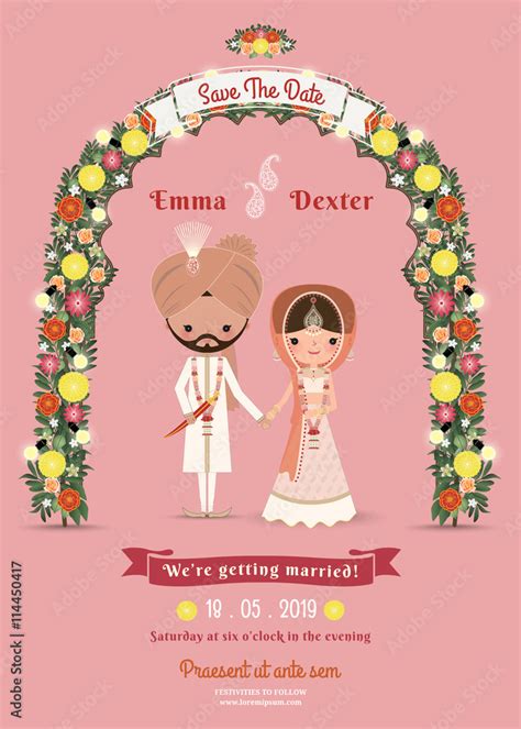 Indian Wedding Bride And Groom Cartoon Romantic Pink Invitation Ca Stock