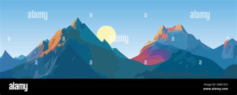 Panoramic Views Vector Illustration Of Beautiful Dark Blue Mountain