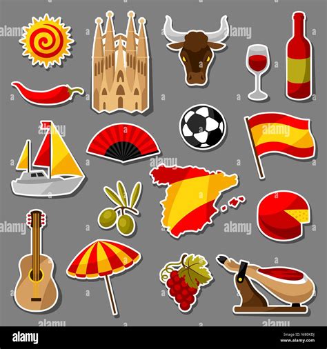 Spain sticker icons set. Spanish traditional symbols and objects Stock ...