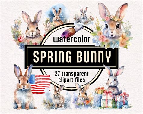 Watercolor Spring Bunny Clipart Transparent Clipart PNG Instant