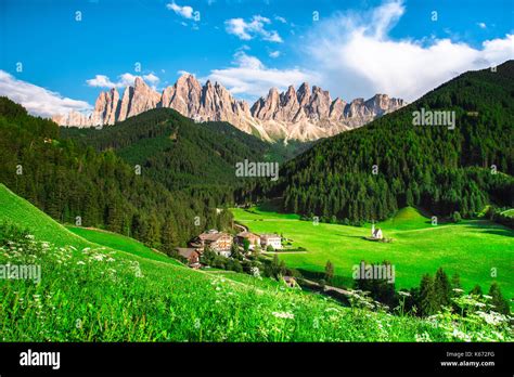 Traditional Alpine St Johann Church In Val Di Funes Valley Santa