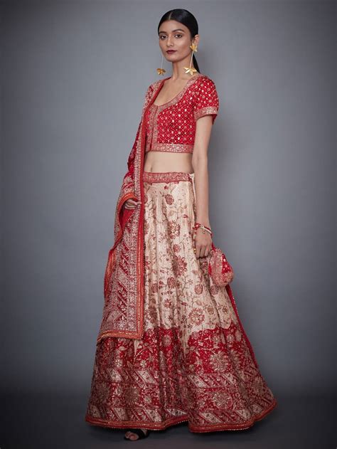 Ri Ritu Kumar Red And Off White Embroidered Lehenga With Dupatta In 2022