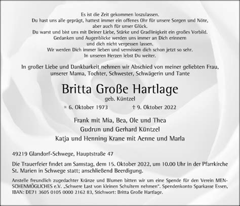 Traueranzeigen von Britta Große Hartlage trauer anzeigen de