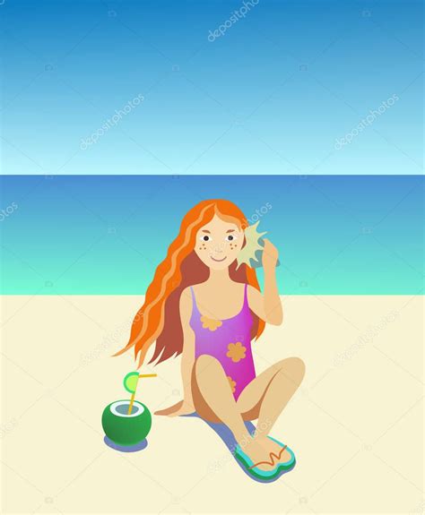 Carino Ragazza Dei Cartoni Animati Sulla Spiaggia Ascoltando Una Shell