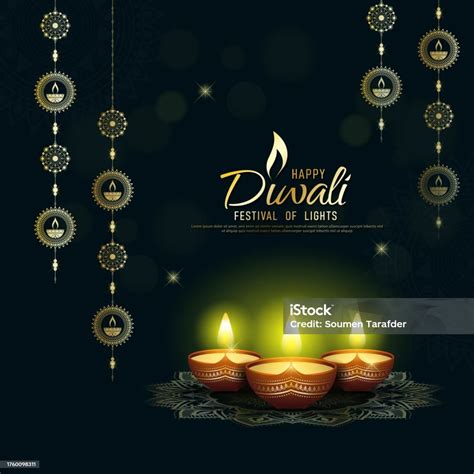 Happy Diwali Festival Of Lights Colorful Background With Decorative Diya Lamp And Rangoli Stock